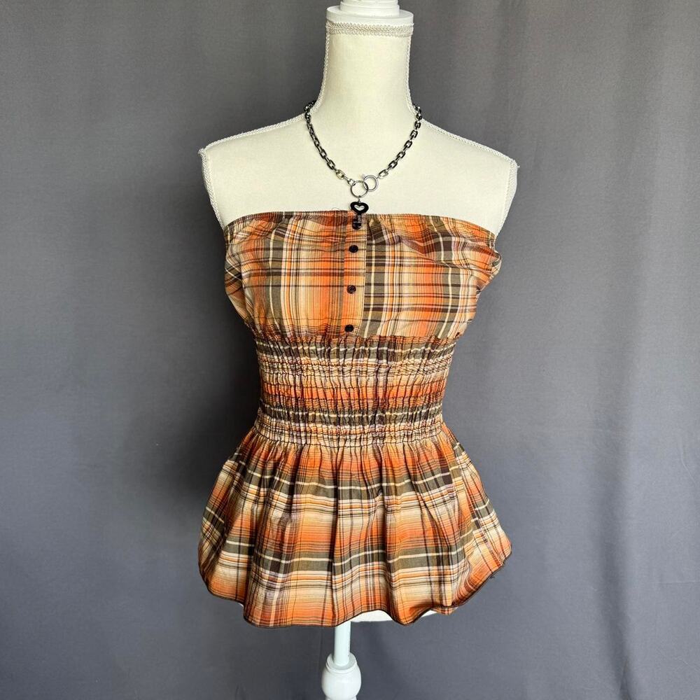 Plaid strapless babydoll peplum style